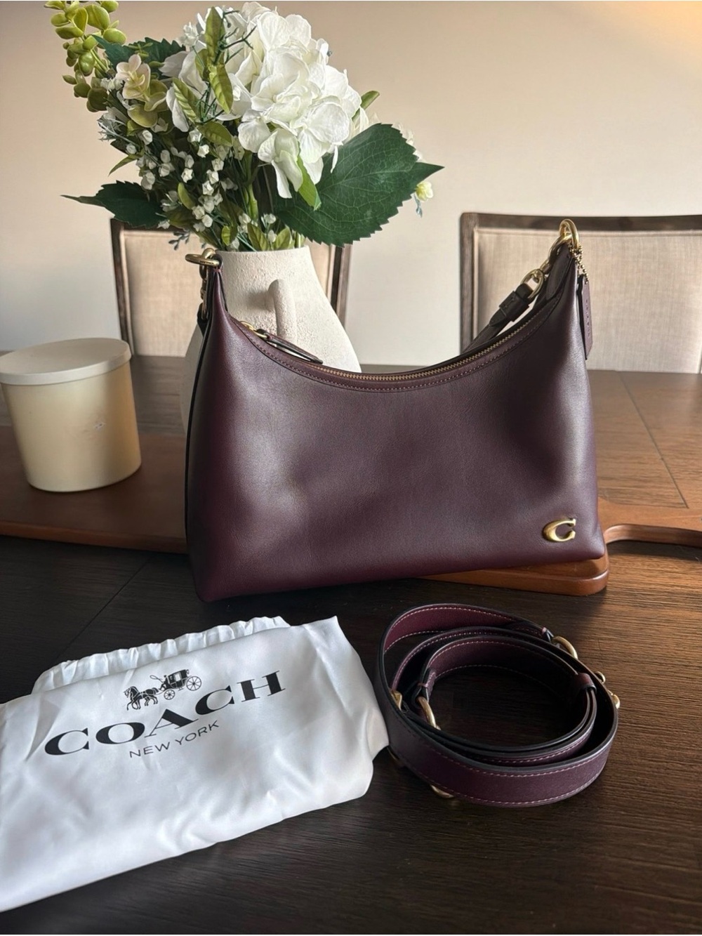 🤍Coach Juliet Shoulder Bag in Black Currant with Crossbody & Gold Hardware